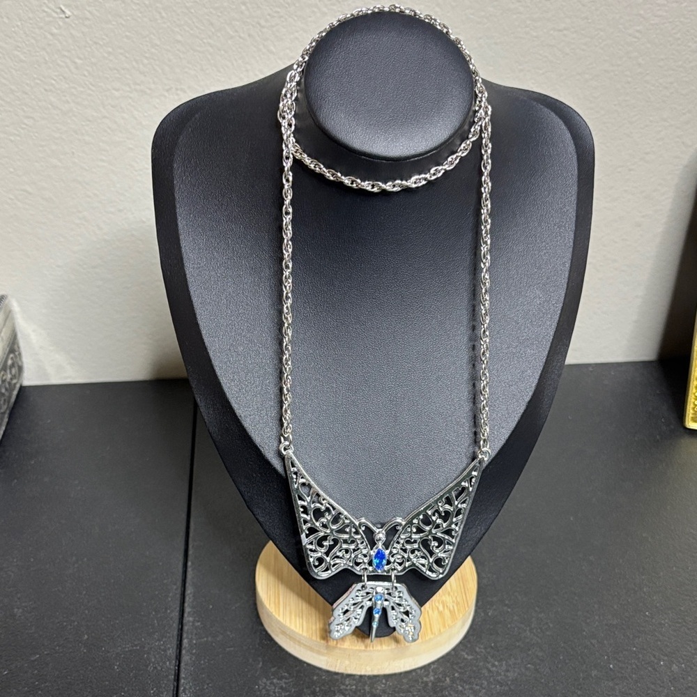 Articulated Butterfly Blue Rhinestone Silver Statement Hippie Necklace Boho